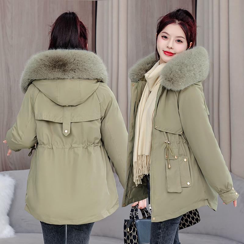 Petite Women's Thickened Down Parka with Fleece, Large Fur Collar, Korean Style, Waist-Cinched Hooded Jacket