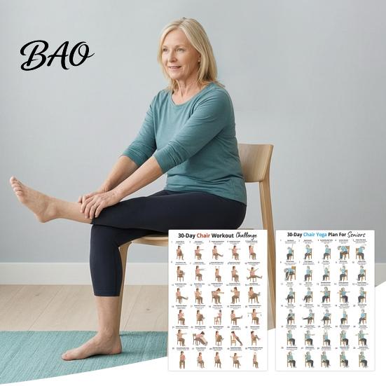 Easy Home Workouts For Elderly 2Pcs Chair Yoga Poster Set, 30 Day Seated Exercise Chart for Safe Senior Fitness Program Seniors, Gentle Stretching