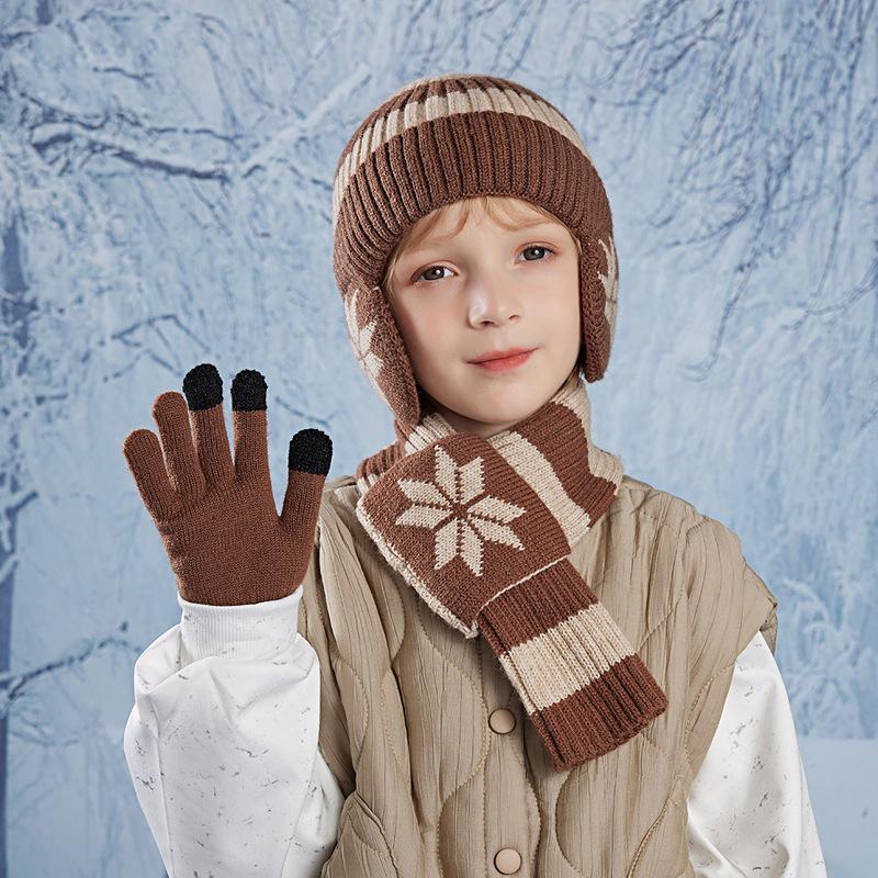 3 buc pălării pentru copii mănuși eșarfă pălărie tricotată în dungi la modă băiat fată bebeluș iarnă plus șepci de protecție pentru urechi din catifea set de articole calde pentru copii