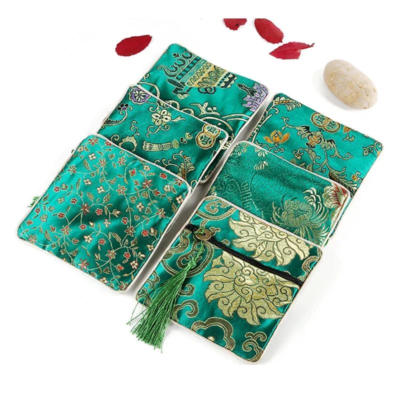 Chinese Brocade Jewelry Bag Handmade Silk Embroidery Padded Small Zipper Tassel Jewelry Organizer Storage Pouch Satin Gift Bag