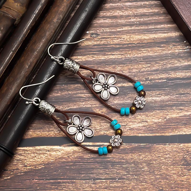 

Retro ethnic style antique silver flower turquoise picasso bead leather rope pendant earrings earrings women