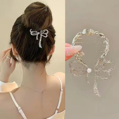 Elegant Rhinestone Inlaid Bun Hair Clip Bowknot Shape Faux Pearl Ponytail Holder Anti-slip Teeth Back Head Hair Claw Headwear