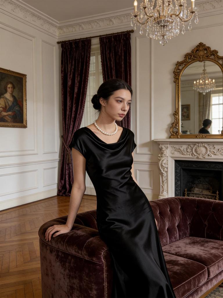 Elegant Haute Couture French Acetate Evening Gown with Draped Neckline