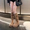 Retro tassel woven rope spring and autumn new suede boots women's platform boots high boots heightened western pile