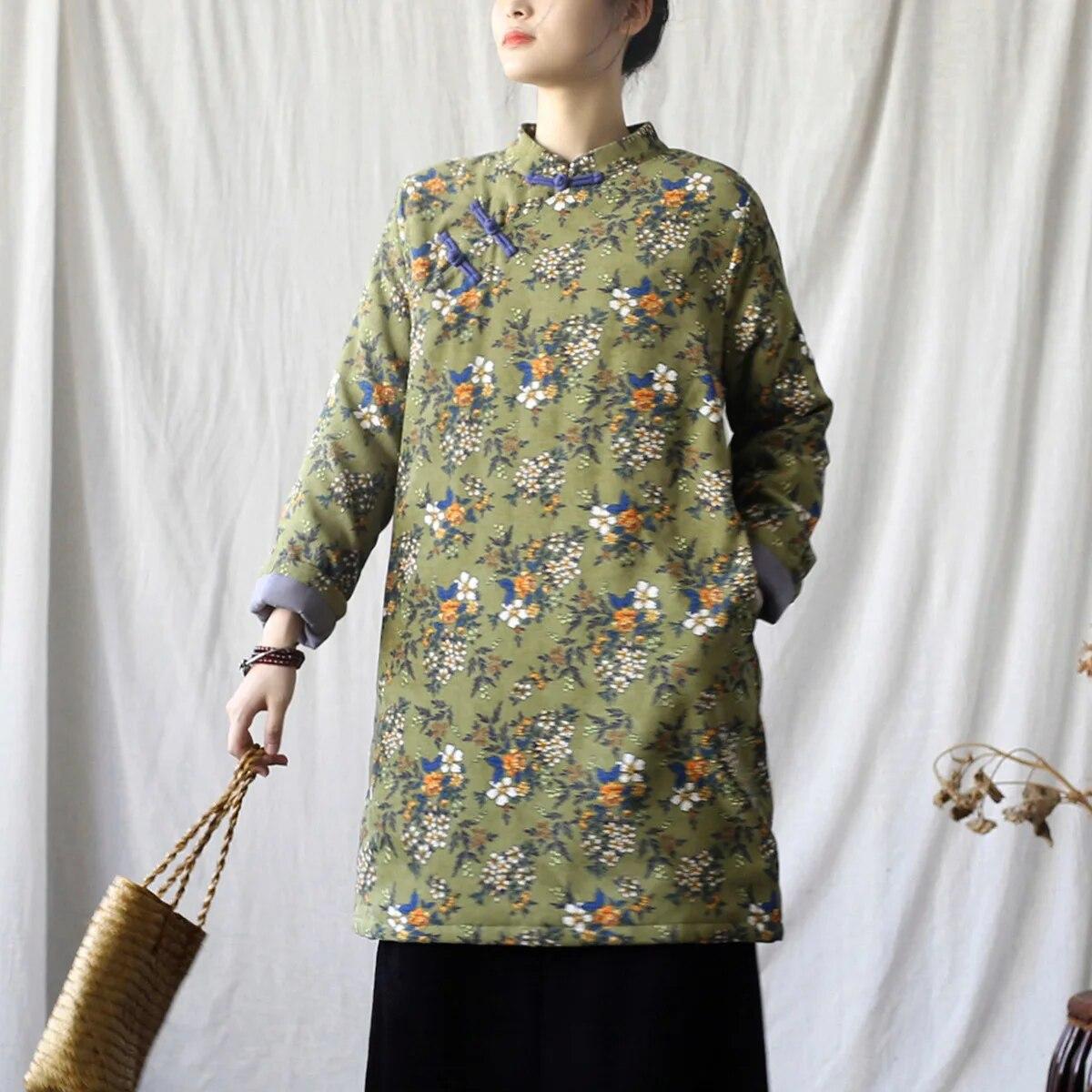 

Johnature женские винтажные платья-стойка с длинными рукавами, зеленое весеннее платье трапециевидной формы на пуговицах с цветочным принтом L зелёный