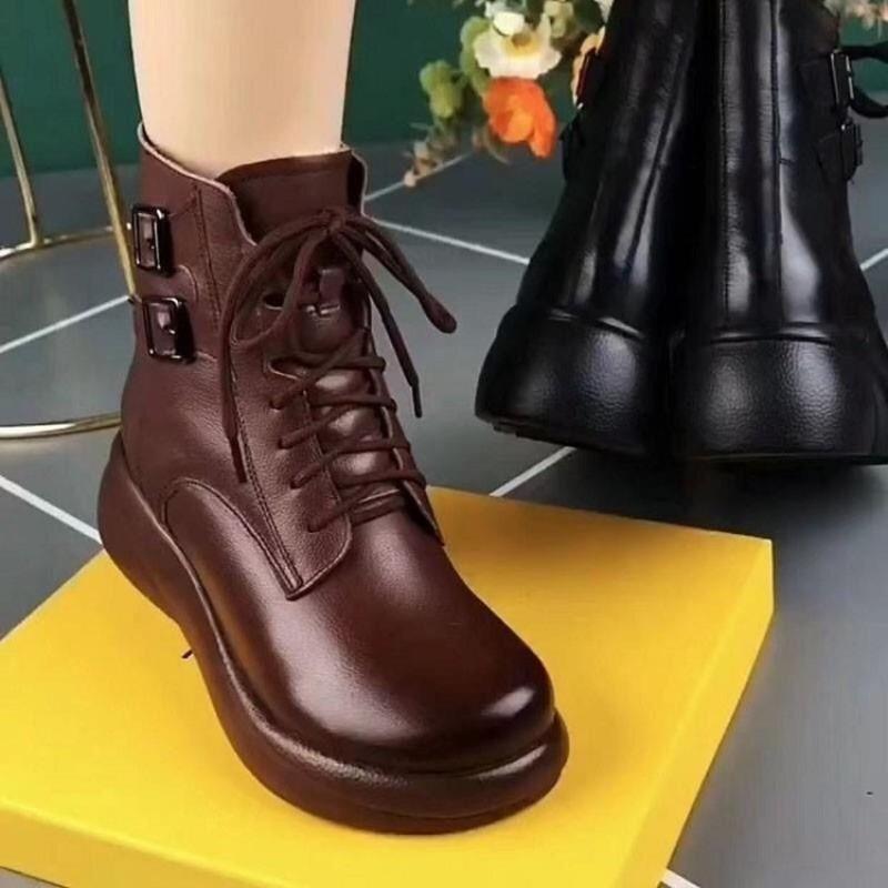 Retro Brown Women's Leather Boots Warm Flat Comfortable Fashionable Non-slip Snow Boots Slim Side Zipper Lace Up Women Shoes