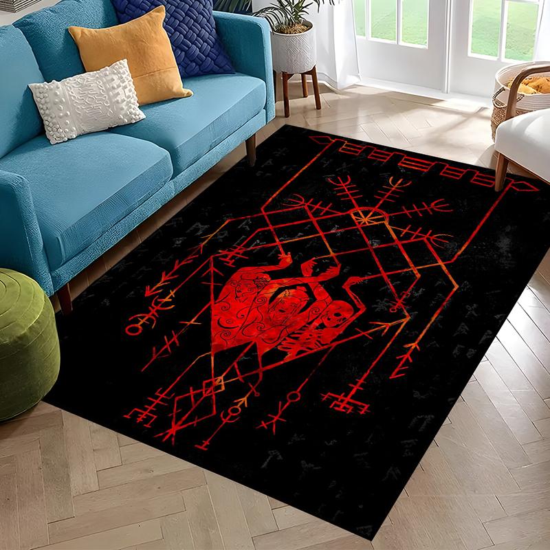 Nordisches Wikingerkrieger Symbol Walhalla Valknut Rune Motto Teppich für Schlafzimmer Wohnzimmer Sofa Zuhause Fußmatte Dekor, Rutschfeste Bodenmatte