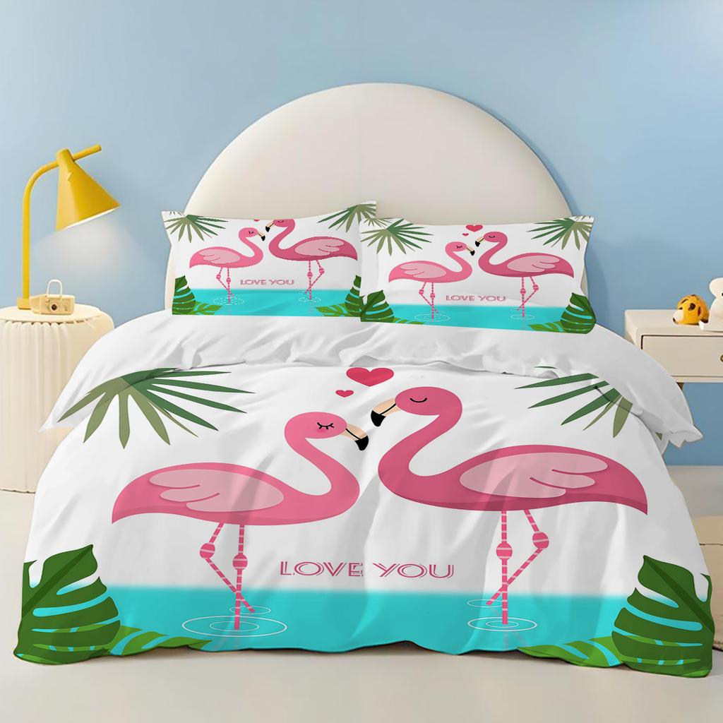 Comforter Green Plants Flamingos Anime Bedding Set Polyester Suitable For Children And Adults 3-Piece Set