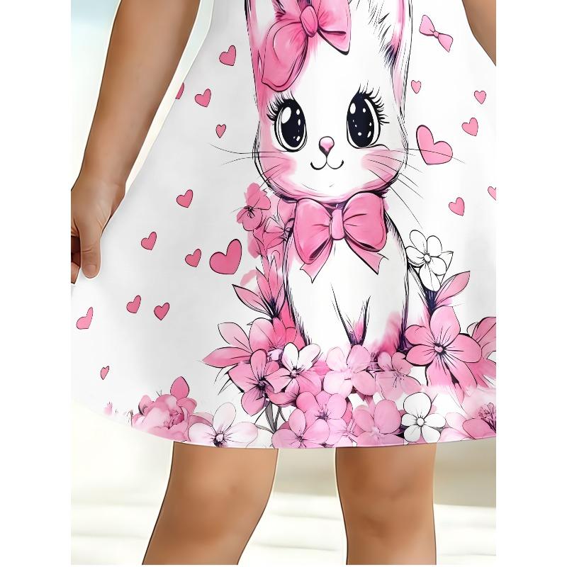 Cute Cat and Pink Heart-shaped Printed T-shirt Dress, Children's Animal Lovers Floral Casual Dress Suitable for Birthday Gifts