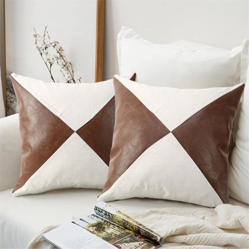 Faux Leather Pillow Case Waist Cushions Cover for Living Room Sofa Splicing Linen Throw Pillowcase Home Decoration