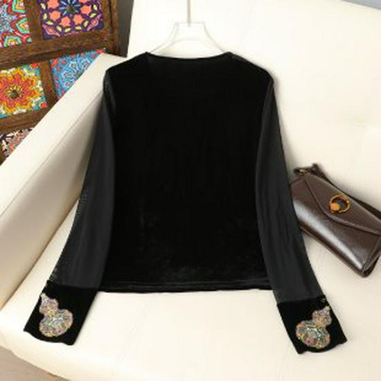 New Chinese Embroidered Long Sleeve Women's T-shirt - Black Velvet, Autumn/Winter Style