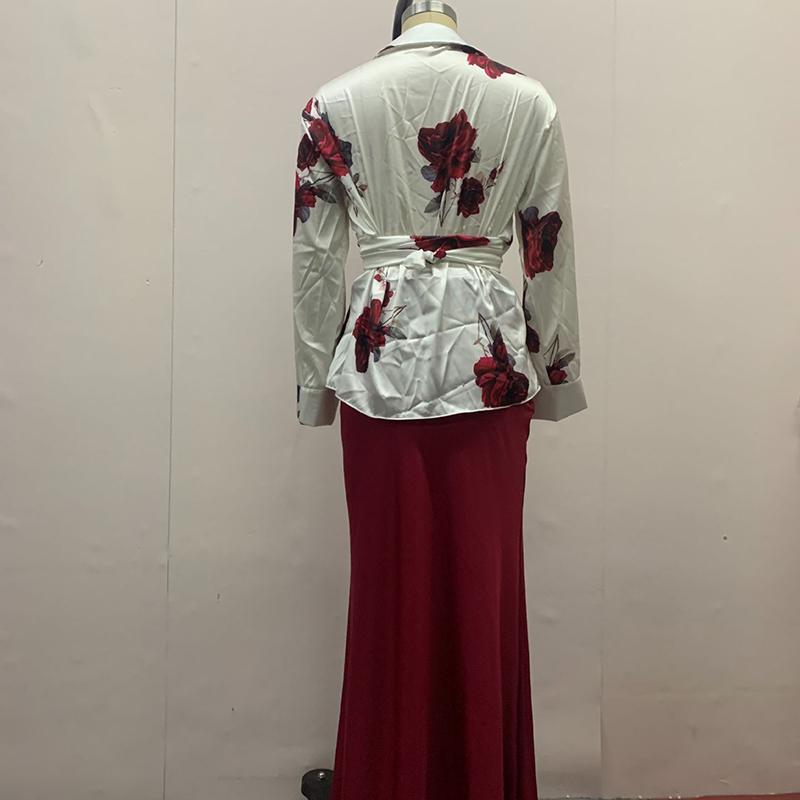 Women Skirt Set Turn Down Collar Print Floral Matching Sets Slim Fit Tight Waist Long Skirts Y2k Streetwear