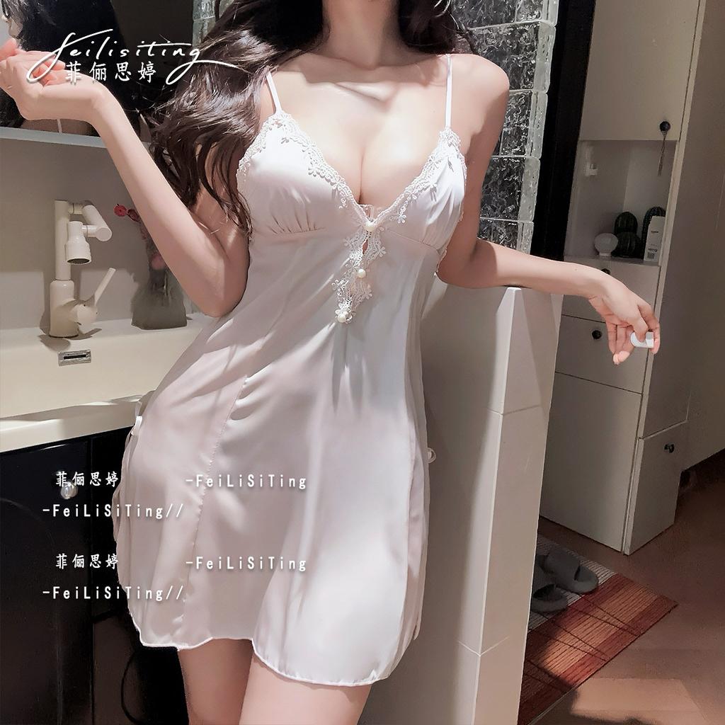 1011 new sexy solid color lace suspender nightdress women's summer pure desire wind Ice Ribbon chest pad loungewear set