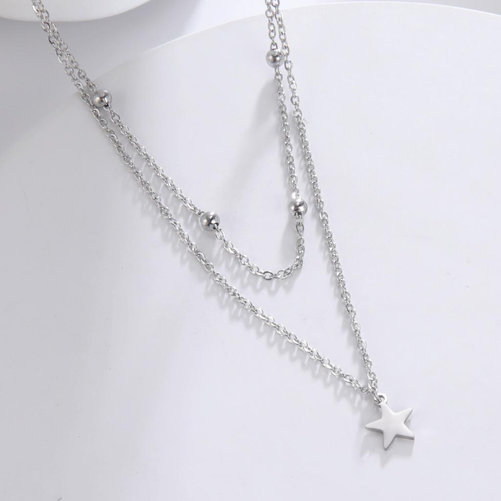 KKjoy Star Pendant Necklace for Women Silver Color Stainless Steel Beads Double Chain Collars Minimalist Jewelry Accessories New