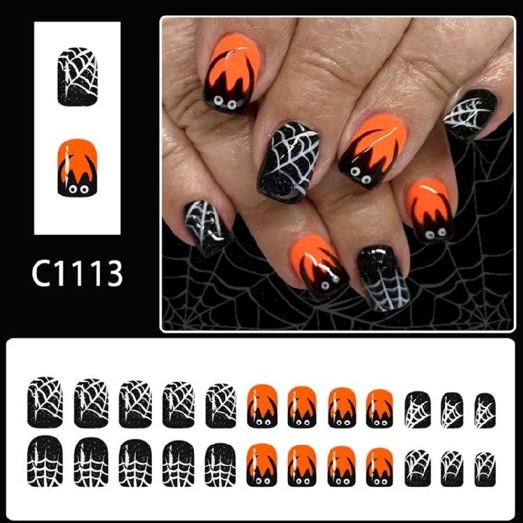 French Sparkling Press On Tips Halloween Black Cobweb Design Short Square Manicure Tips 24PCS Not Need Tools