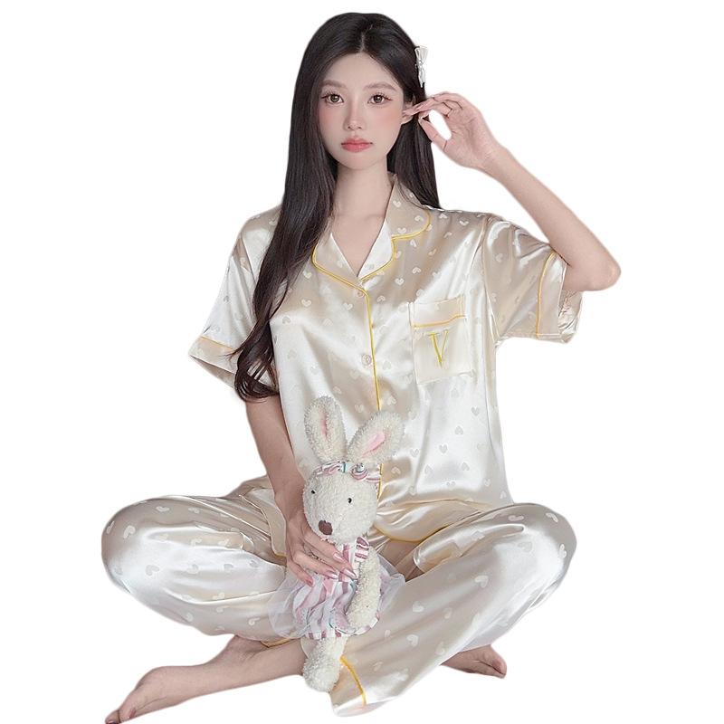 Summer Girl High-End Love Short-Sleeved Trousers Pajamas Women'S Ice Silk Cool Casual Loungewear Set