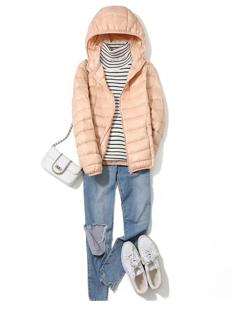 Dámská lehká péřová bunda s kapucí 2023 - Slim střih, Plus velikosti, Podzim/Zima, Bílé kachní peří.