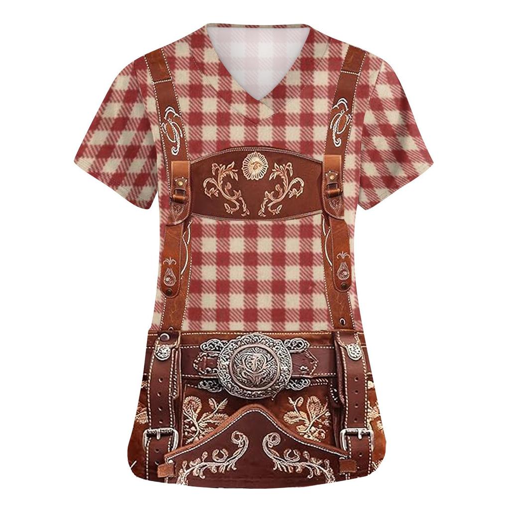Women's V Neck Short Sleeve Work Shirt with Pockets Oktoberfest Print Top Medical Nurse Uniform Scrub Tee for Healthcare Professionals
