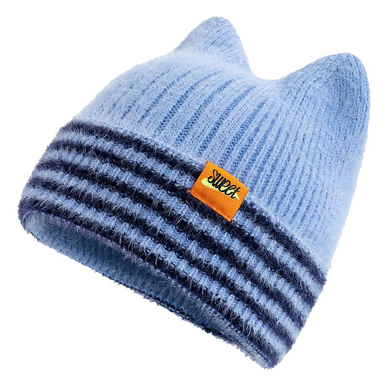 

Новая Милая Шляпа Денди Шапка-Бини с Кошачьими Ушками Сладкие Зимние Шапки для Женщин Уличный Y2K Конфетные Цвета Полоски Теплые Шапки для Девочки 54cm-58cm синий
