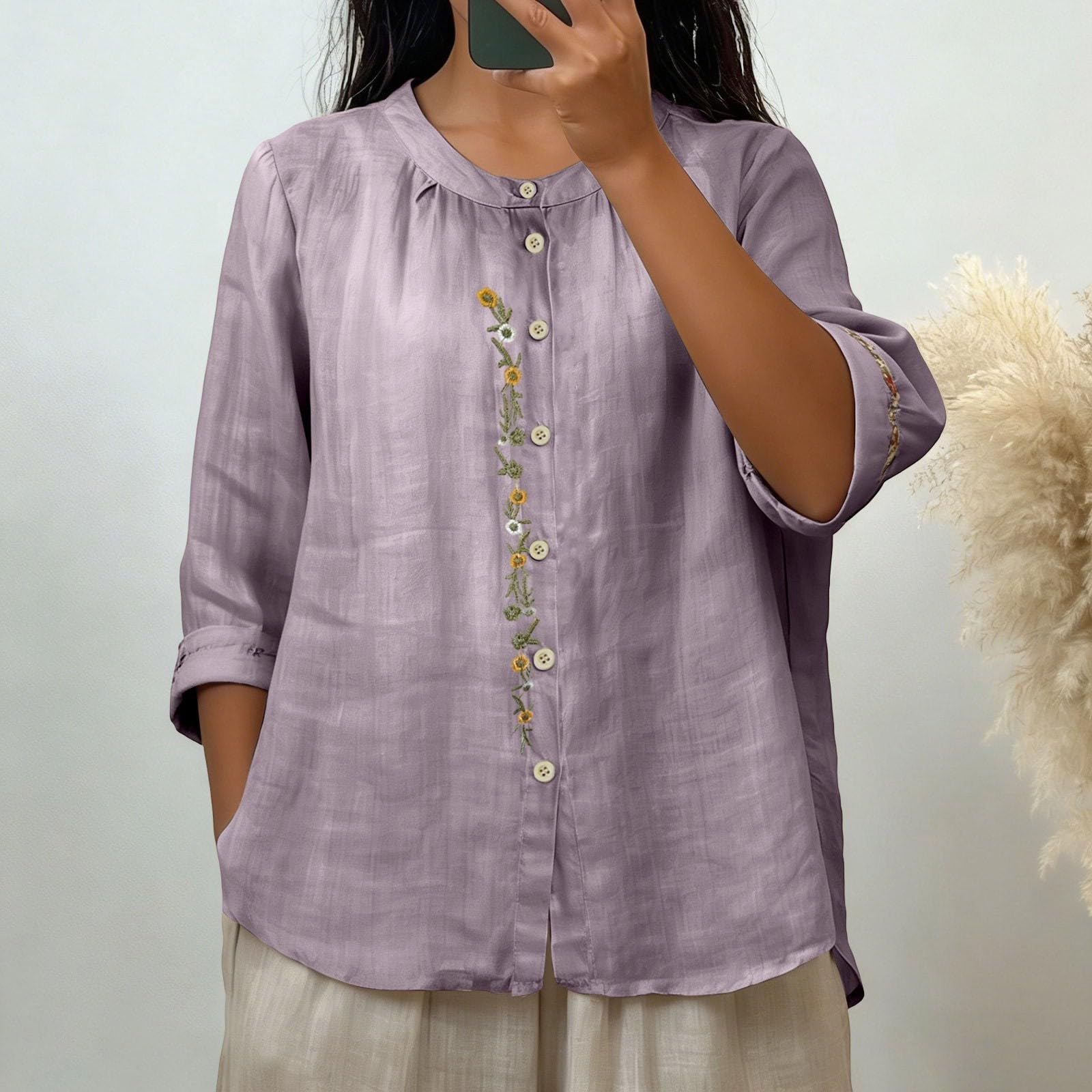 

Women 3/4 Sleeve Crew Neck Button Down Shirt Loose Fit Bohemian Embroidered Casual Blouse Top for Everyday Wear XL фіолетовий