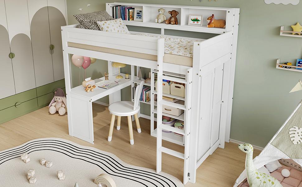 Letto a Castello con Scrivania e Armadio, Letto per Bambini, Barra di Protezione Anti-caduta, con Mensole e Scala a Quattro Gradini, Contenitore, Pino+MDF+Compensato, Bianco, 90x200cm