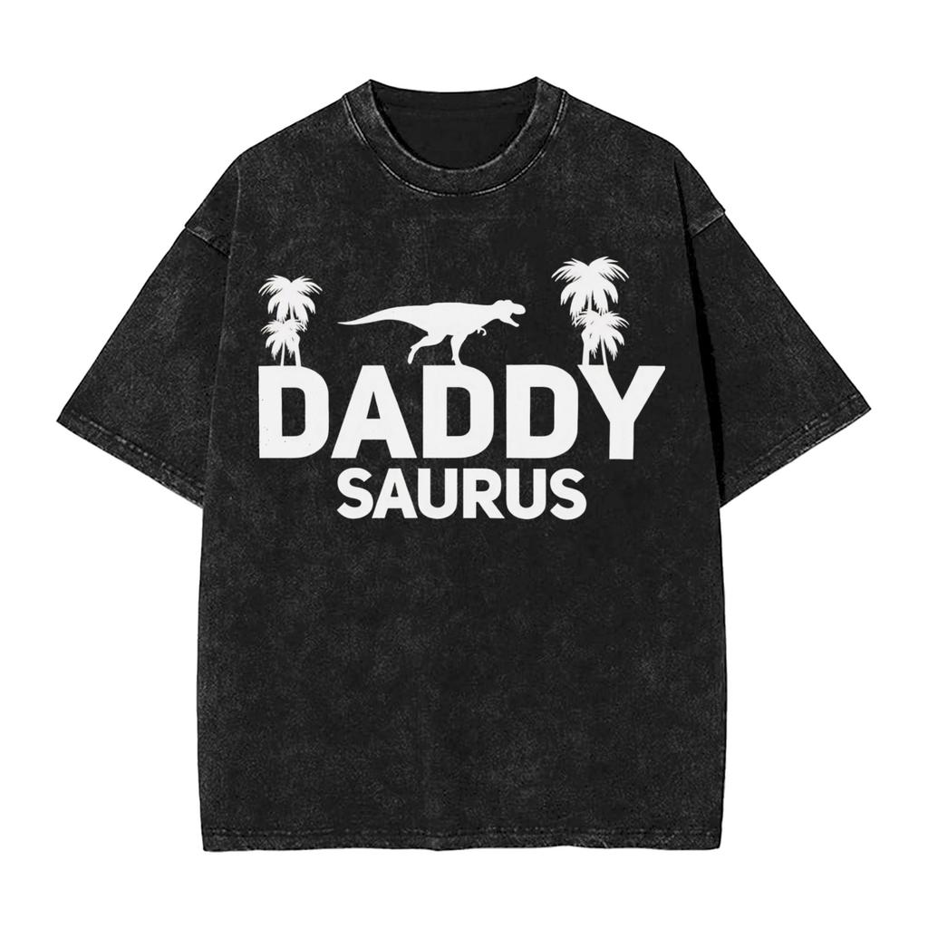 Papasaurus Washed TShirt Mens Vintage Casual TShirts Summer Crew Neck Novelty Tee Shirt Simple Oversized Clothing