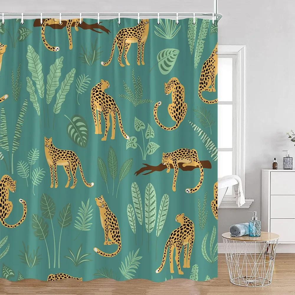 Tropisches Tier Duschvorhang Leopard Wildtier Flamingo Papagei Zebra Grüne Pflanze Palmenblatt Badezimmer Vorhang Dekoration
