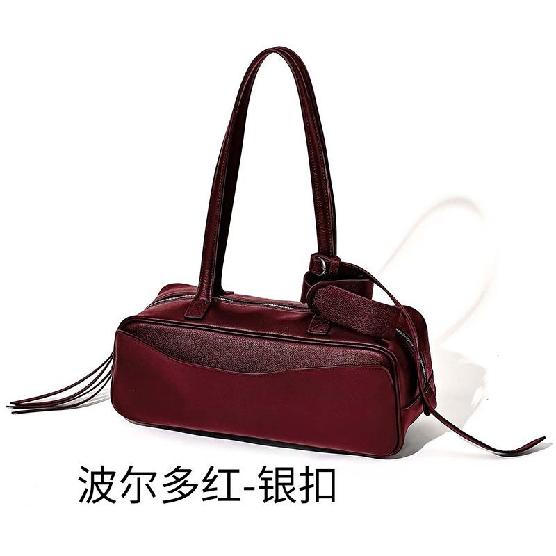 New Bowling Bag Simple and Fashionable First Layer Cowhide Messenger Women's Bag Baguette Bag