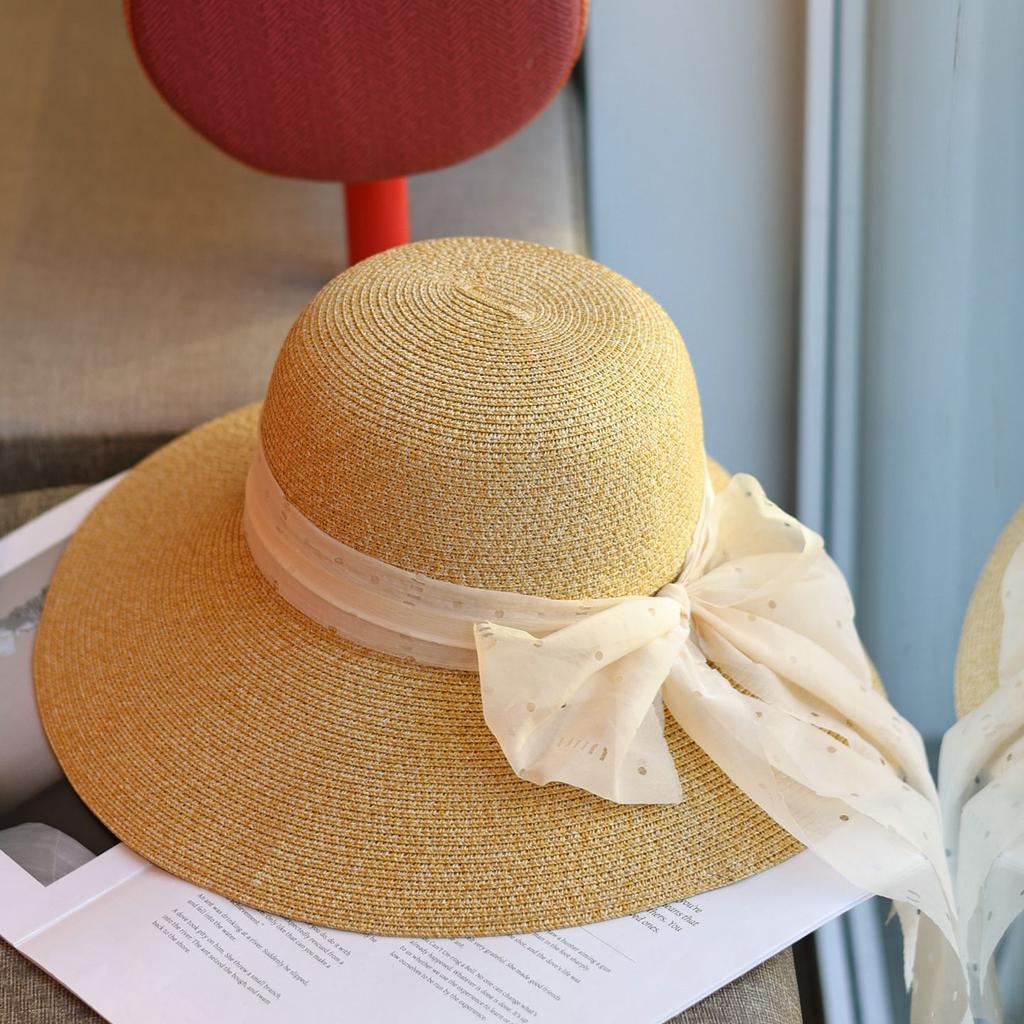 Fairy wind hollow bow streamer seaside vacation straw hat summer big brim sun protection sweet sunshade basin hat