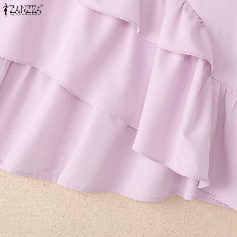 ZANZEA Women Casual Round Neck Short Sleeve Loose Ruffles Blouse