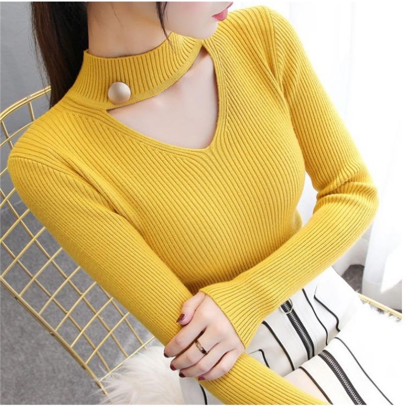 Hollow Hanging Neck V-neck Long-sleeved Autumn and Winter Sweater Women's Slim Knitted Bottoming Shirt Tops