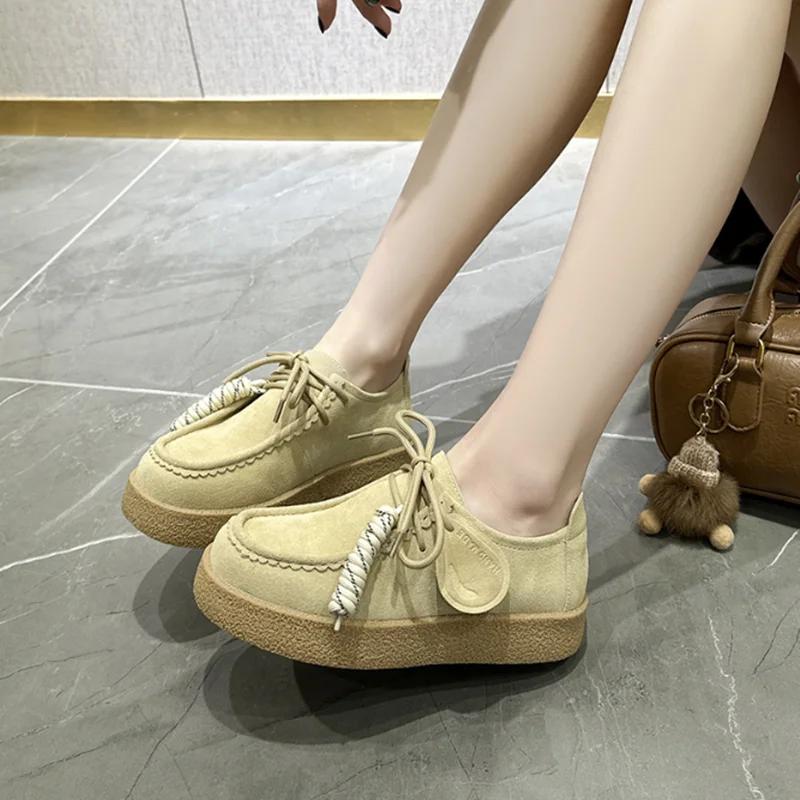 

2025 New Fashion Vintage Loafers for Women Flat Non-slip Derby Women Shoes Suede Designer Women Casual Shoes Zapatillas De Mujer 35 хаки