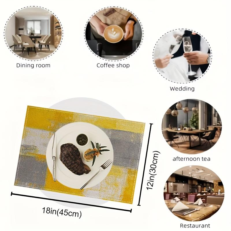 4pcs Abstract Geometric Yellow & Grey Placemats | 12x18 Inch Rectangular Linen Table Mats, Machine Washable | for Dining, Home, Kitchen, Banquet, Cafe