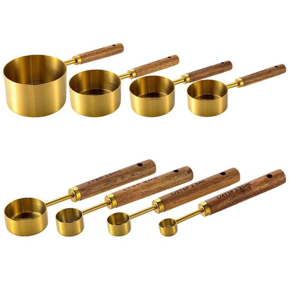 4/8 Pezzi Utensili da Cucina per la Cottura Stampini per Dolci Utensili di Misurazione e Bilance Set Tazze e Cucchiaini Dosatori in Acciaio Inossidabile Con Manico in Legno