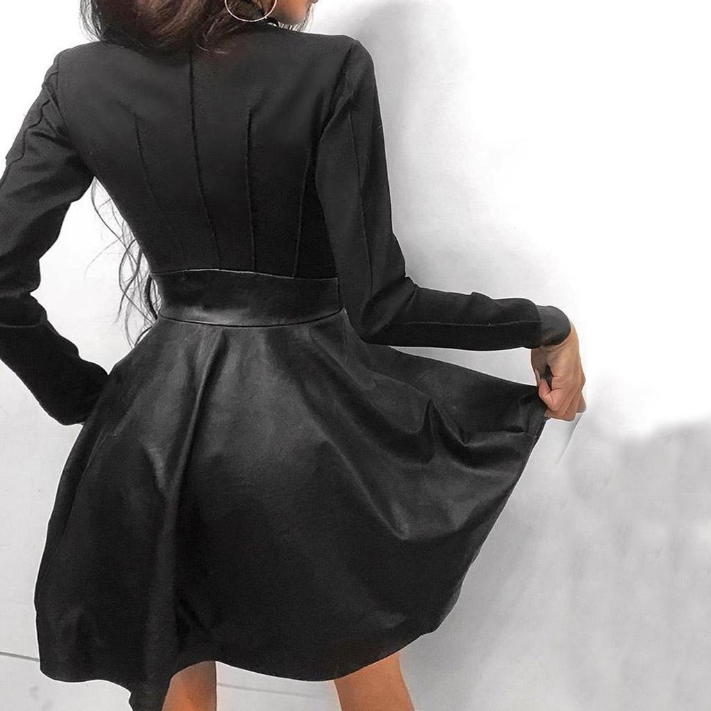 Women Fashion Mesh Lace Patchwork Zipper Design Leather Dress Ladies Dress