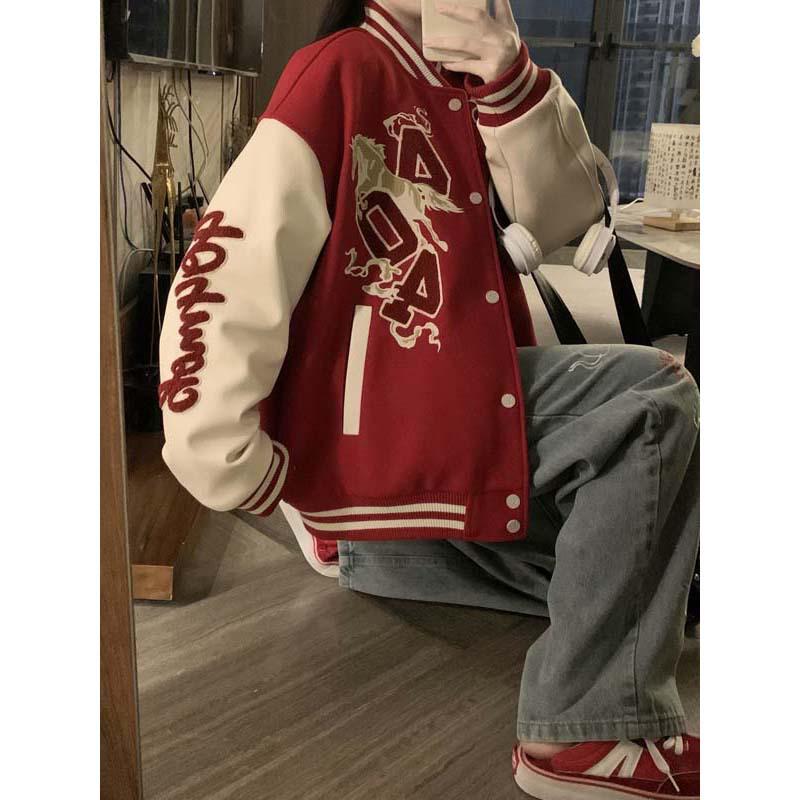 Women's Year of the Horse Embroidered Red Baseball Jacket Coat, 2026 Trendy Couple Design
