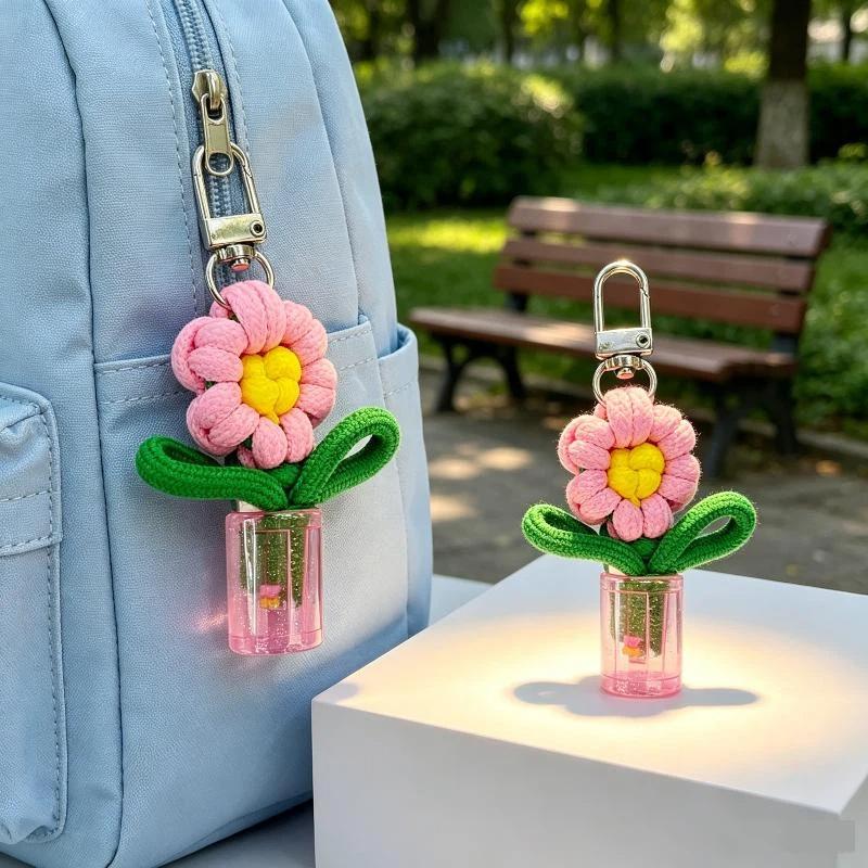 Adorable Handwoven Flower Keychain Mini Potted Vase Plant Charm Pendant for Girls Bag Accessory