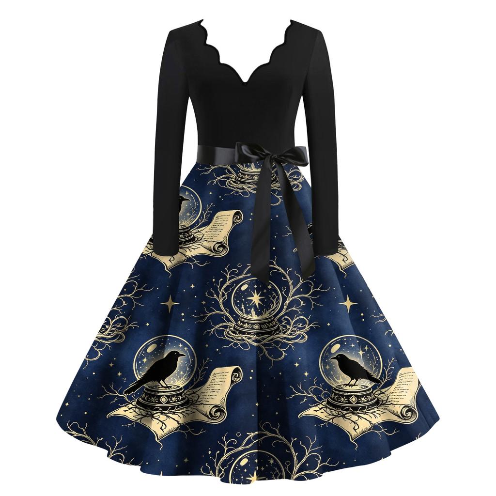 Women's Casual V-Neck Long Sleeve Halloween Print Dress