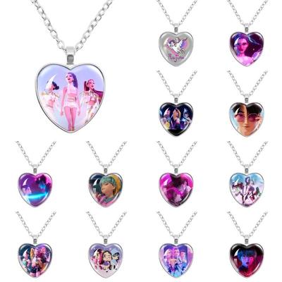 Kpop Demon Hunters Necklace Cartoon Heart Shape Pendant Anime Charms Neck Chains Electroplate Accessories  Jewelry Gift
