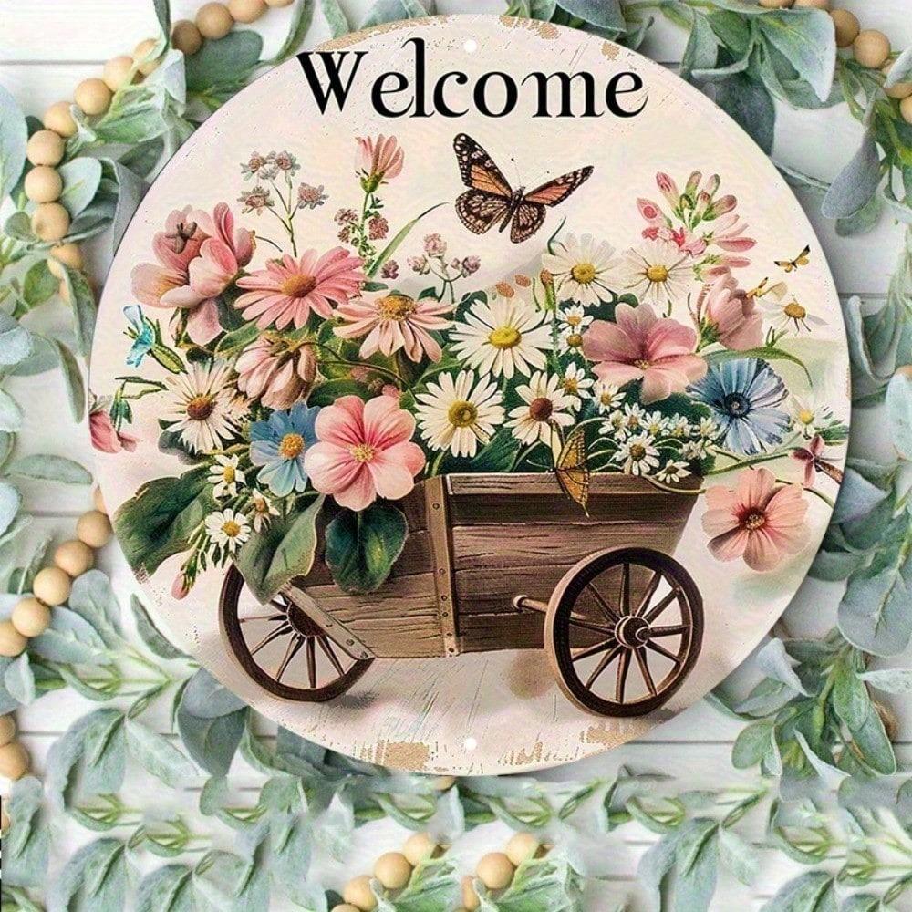 1pc 8x8 Inch Fantasy Animal Round Welcome Sign Waterproof HD Printed Floral Butterfly Door Hanger Wall Decor