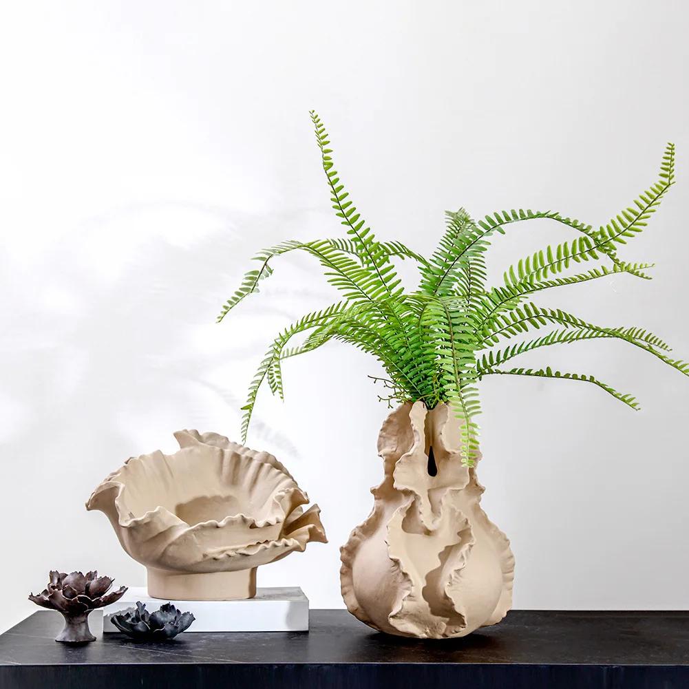 Ceramic Vase Fold Pattern Irregular Flower Wavy Shape Flower Pot Fruit Dish Desktop Storage Organization Home Decoration