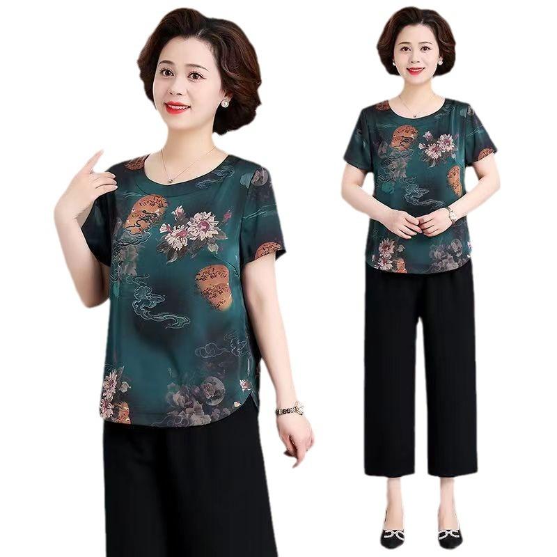 Mom's summer dress short-sleeved ice silk T-shirt foreign style and thin two-piece set middle-aged women's summer chiffon casual suit