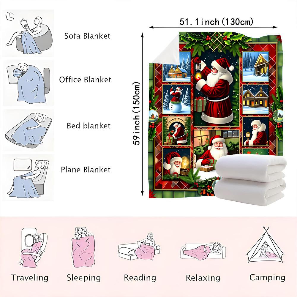 1PC Christmas Santa Print Blanket-Made of soft plush flannel, perfect for sofas, beds or loungers. Ideal for holiday home decor