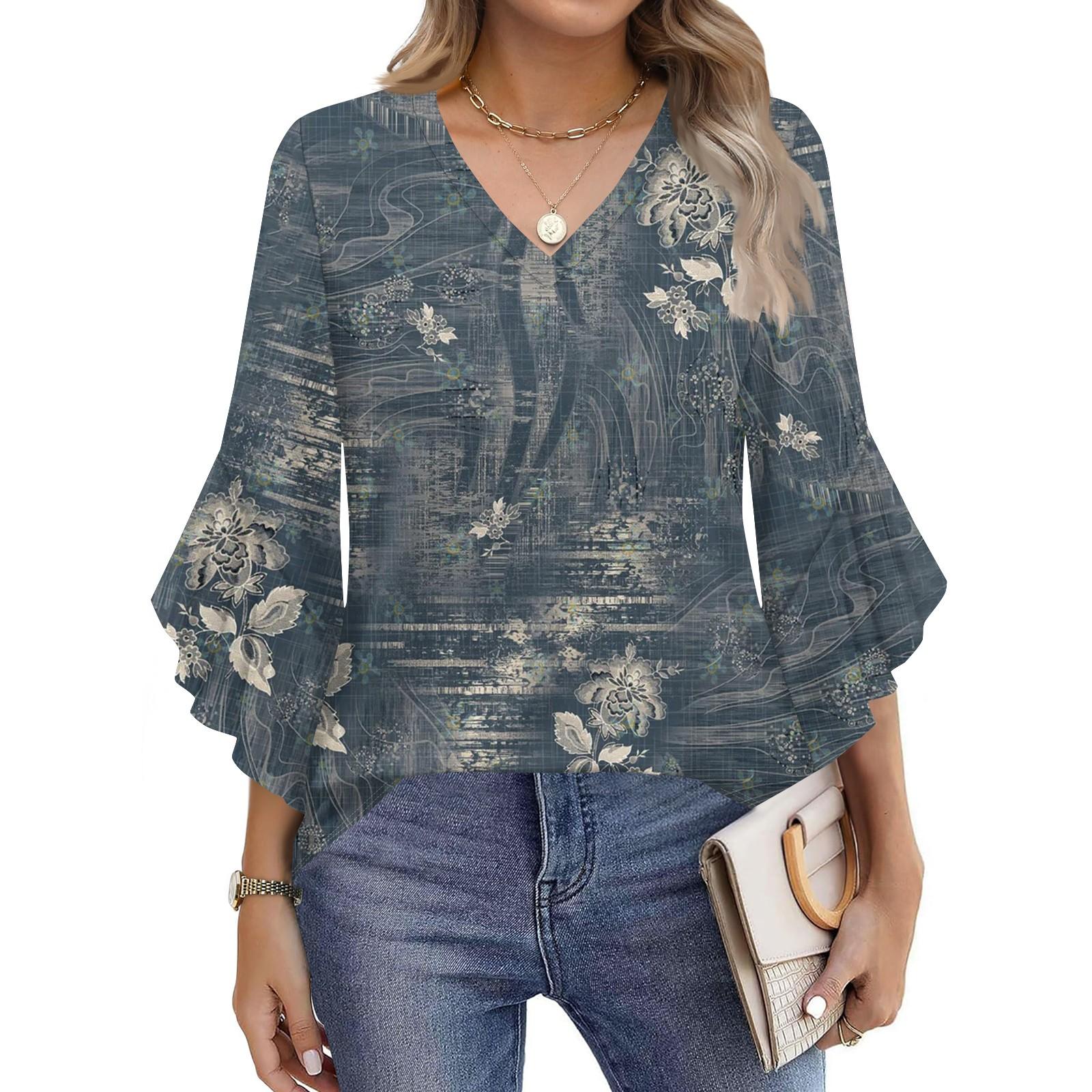 

Blouses For Women Dressy Casual 3/4 Length Sleeve Womens Tops V Neck Tshirts Shirts With Flared Sleeve M