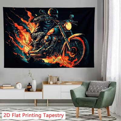 Tapestry Motocyklowe Ogień Biker Sztuka Ścienna Wiszący Druk na Płótnie Chopper Jazda Płomienie Dekoracja Styl Industrialny Grunge 180x280cm