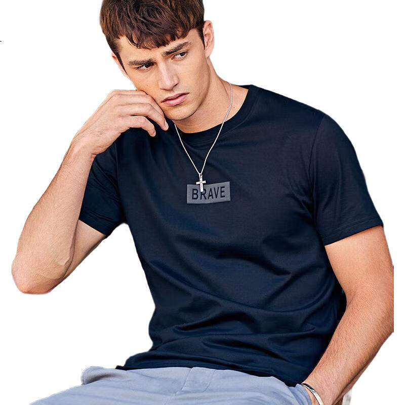Mr.Bu Summer High-Quality Flocked Letter Print Pure Cotton Short-Sleeve T-Shirt for Men, Trendy, Graphite Black, XL/180