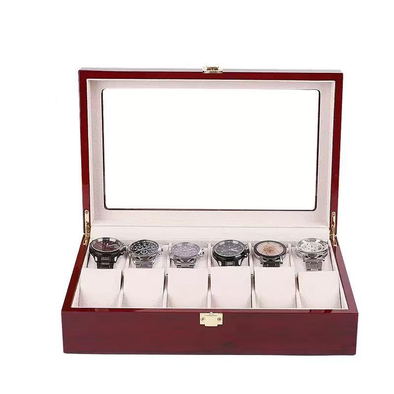 Red Sandalwood Clock & Watch Painted Wooden Box - Double-Layer 2-Position Jewelry & Watch Storage Box