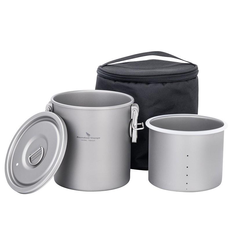 Portable Pure Titanium Camping Cookware Set 1.4L Mini Pressure Rice Pot Outdoor Hiking Backpacking Cooking Soup Stir Fry