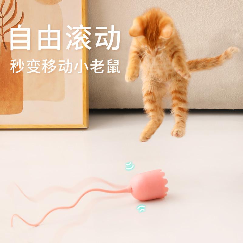 Electric Cat Toys Intelligent Rolling Ball Interactive Toys Silicone Rotate Mouse Tail Kitten Teaser Stick for Cats Pet Toy
