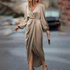 Vestido de mujer con abertura irregular, cintura alta, plisado, mangas largas abullonadas, color liso